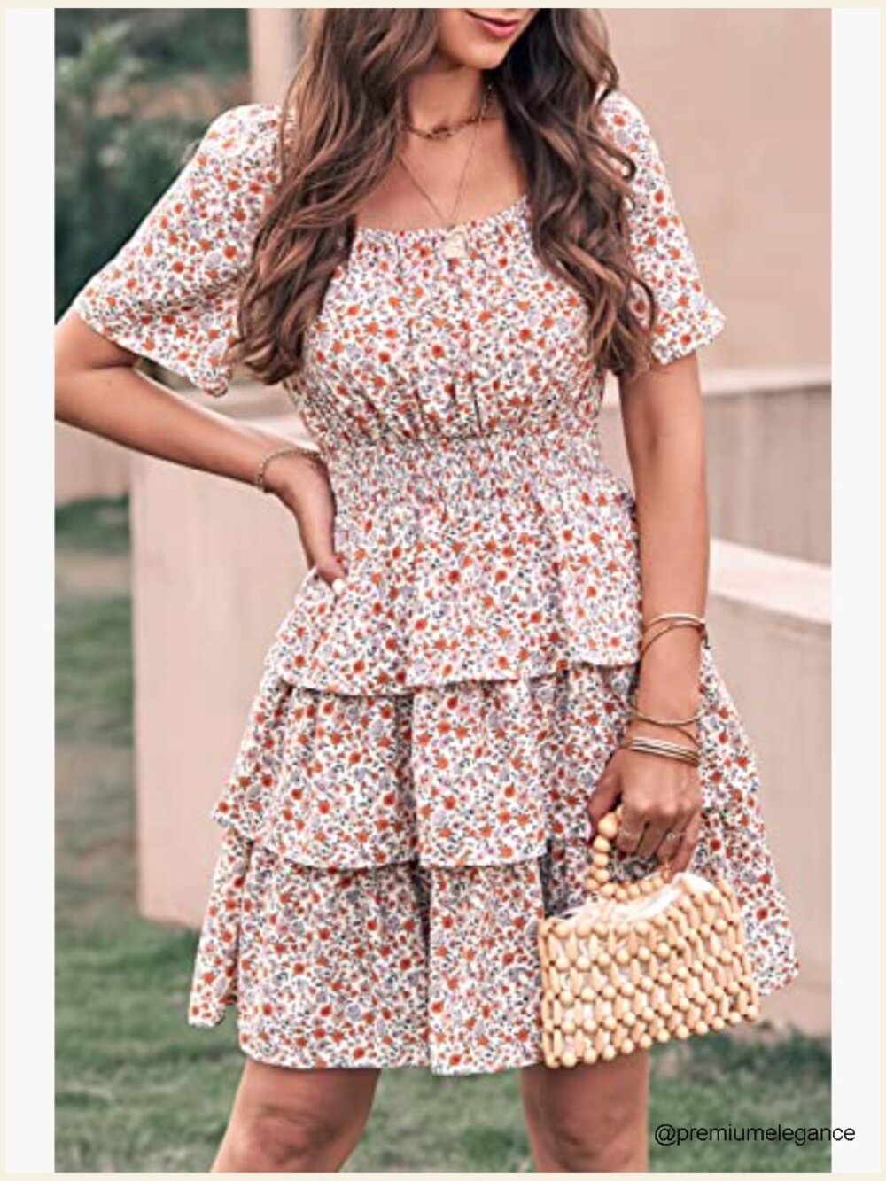 Floral Square Neck Short Sleeve Tiered Ruffle Boho Swing Mini Dress - Picture 2 of 7